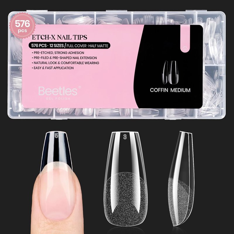 Beetles Gel Nail Tips - Medium Coffin 576PCS | Pre-Shaped Half Matte Full Cover Nails for DIY