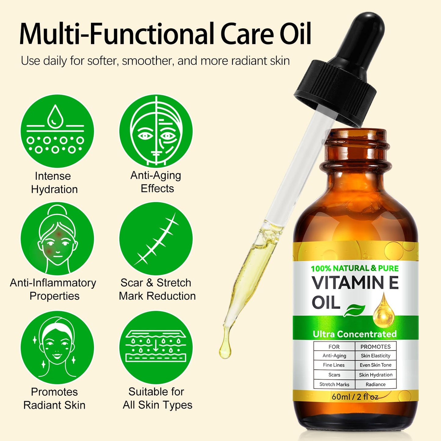 flasture Vitamin E Oil 75,000 IU – 100% Pure Natural Vitamin E for Skin, Face, Hair, Scars – Deep Moisturizing Body Oil for Dry Skin, Wrinkles – Cold-Pressed, Non-GMO,Skincare – 2 Fl Oz