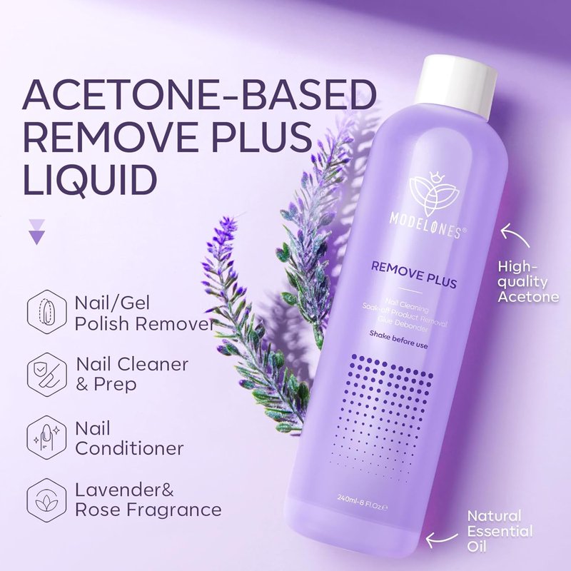 Modelones Nail Polish Remover - Gentle Gel Polish Remover with Jojoba Oil | 8 Fl Oz Lavender for Easy Soak Off