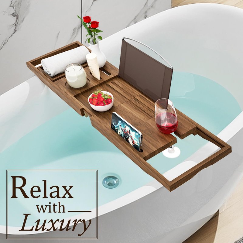 Premium Teak Bathtub Tray Caddy, Wooden Bath Caddy Trays for Bathtub, Bath Tub Wood Tray Table for Tub,Expandable Size, Fits Most Bath Tubs