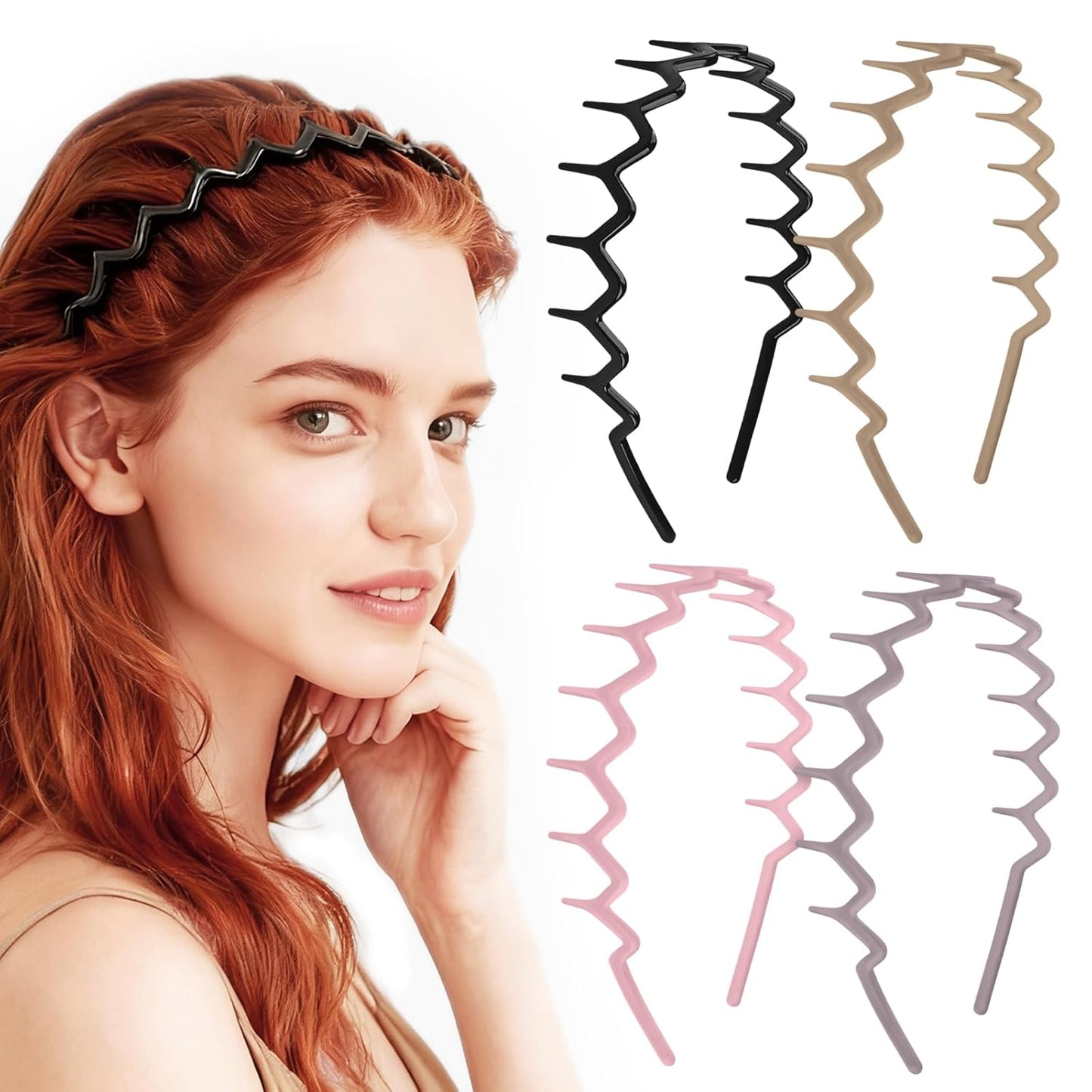 Zig Zag Headbands - 4-Pack Non-Slip Comb Headbands for Women & Men | Classic Wavy Claw Hair Accessories