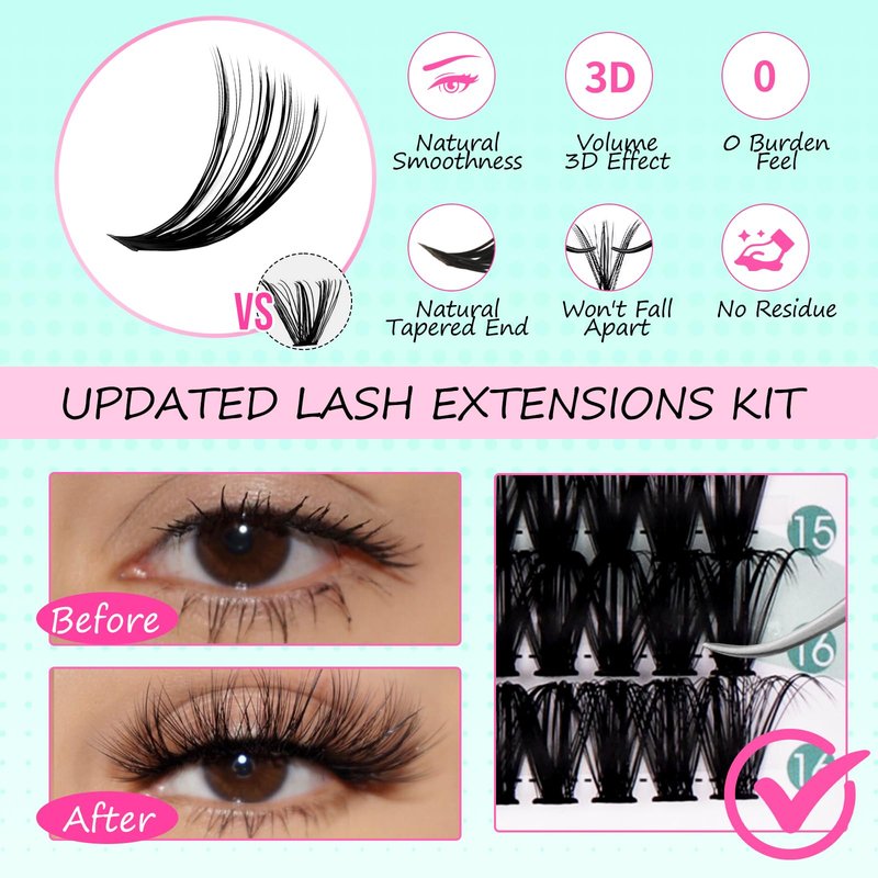 FADVAN Lash Clusters DIY Lash Extensions Kit 280pcs Individual Lashes Clusters 30D+40D Eyelash Extension Kit with Applicator and Lash Bond&Seal,Glue Remover, Beginner Friendly (30D+40D, 0.07D, 9-16mm)