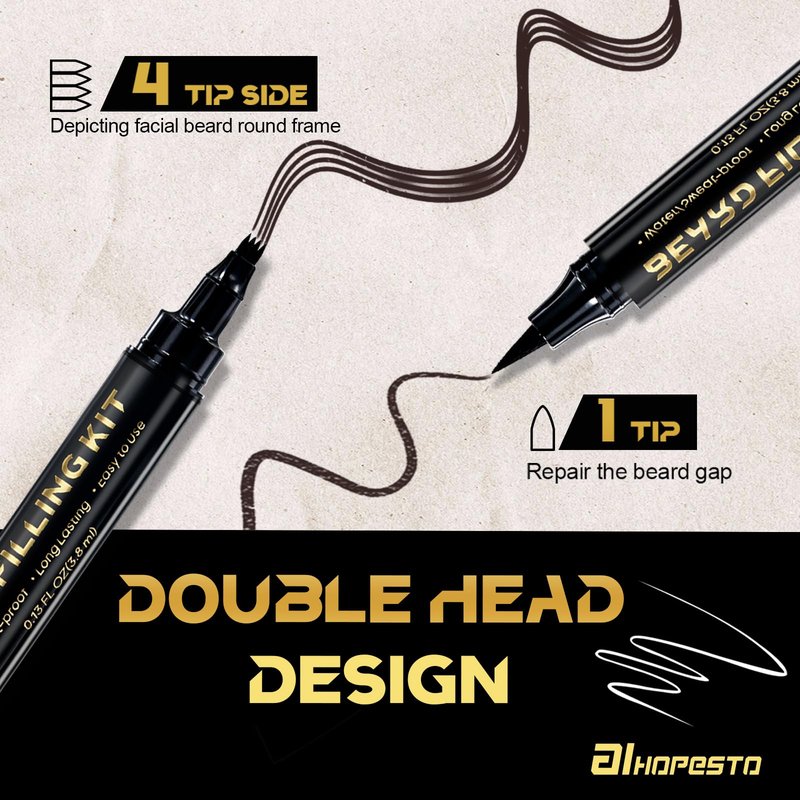 Beard Pen Beard Pencil Filler for Men Beard Filler 4 Tip Pen for Natural Looking Beard 2PCS Beard Pencil & 1PCS Double Head Beard Brush Double Head Four Fork Eyebrow Pencil Eyeliner (Dark Brown)