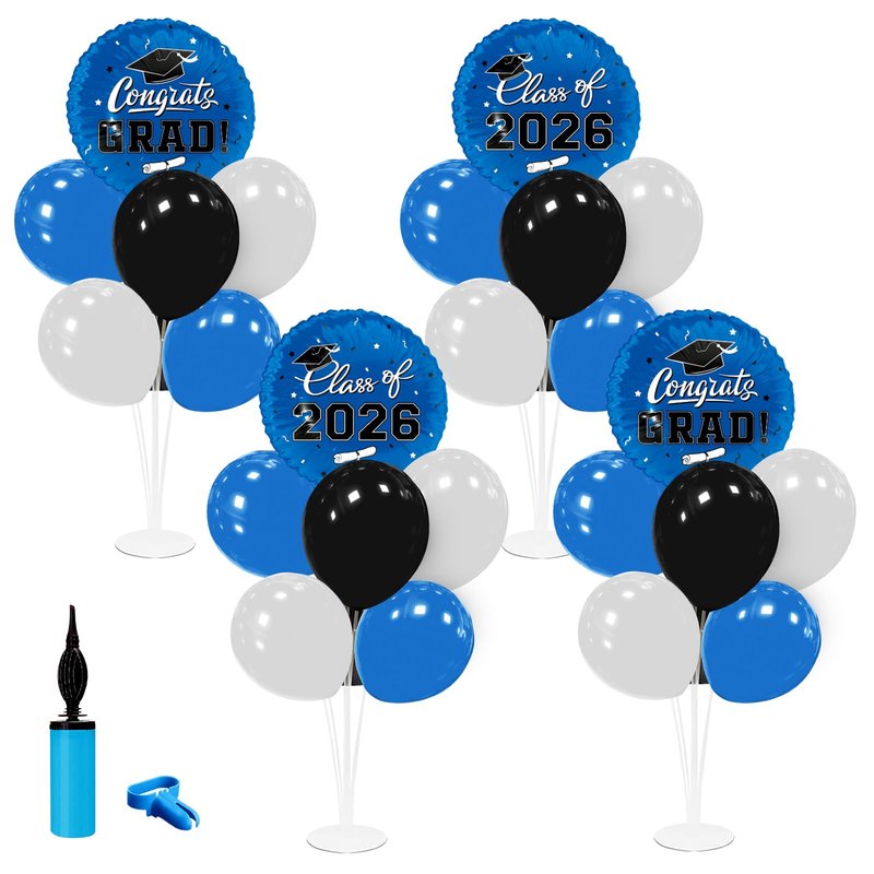 Graduation Decorations - 4 Set Balloon Stands, Class of 2026 Congrats Grad Table Centerpieces for Graduation Party Supplies(Blue & Black)