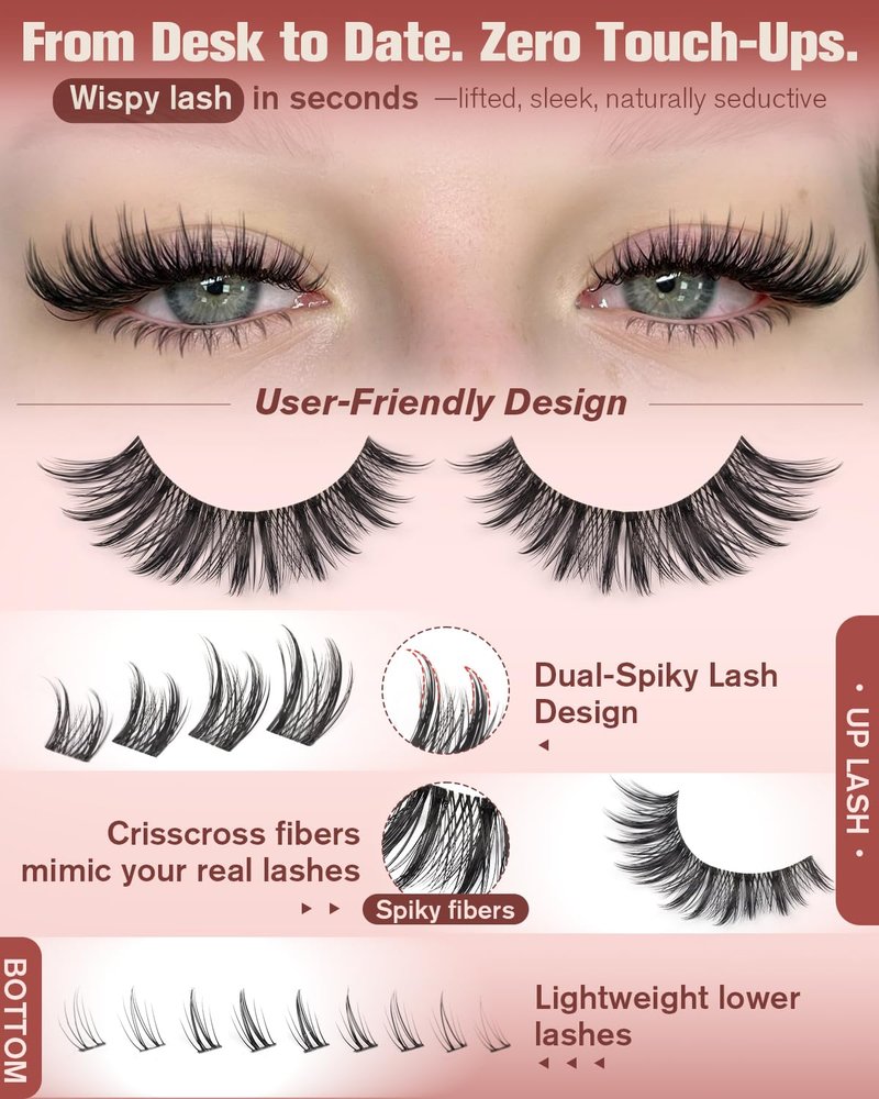 Focipeysa Wispy Lash Clusters Natural Eyelash Clusters Pestañas Postizas Naturales Spiky Manga Lash Extensions C Curly Individual Lashes 10-16mm with Bottom Lashes Clusters DIY Lash at Home