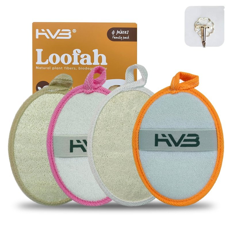 HVB Natural Loofah Exfoliating Bath Sponge, Made from Natural loofah, Unisex, Suitable for Both Facial and Body Cleansing – Pack of 4 (1 Box)