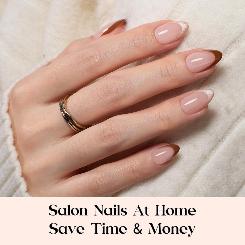 Beetles Press On Nails Kit - Cocoa Mousse French Tips | 224 Pcs, 7 Colors, Short Almond Design with Glue & Lamp