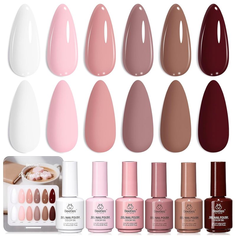 Beetles Nude Gel Polish Set - 6 Colors Neutral Pink & Brown | 15ML Soak Off UV LED Nail Kit for Long-Lasting Glossy Finish