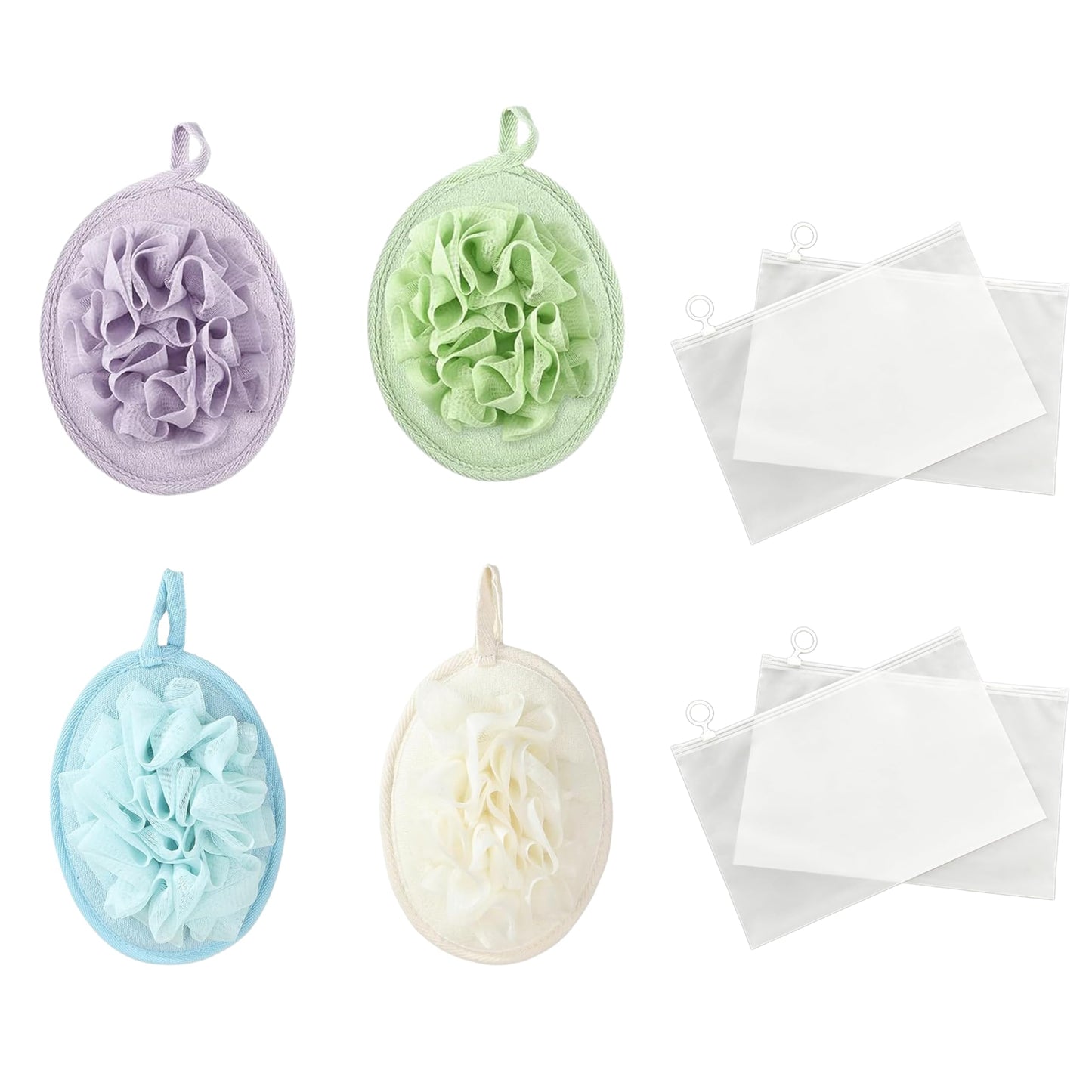 4 Pcs Larger Lightweight Travel Size Loofah with 4 Travel Storage Bags, Soft Terry Cloth Loofah Sponge for Body, Mini Shower Poufs for Travel, Gym, Camping & Sensitive Skin