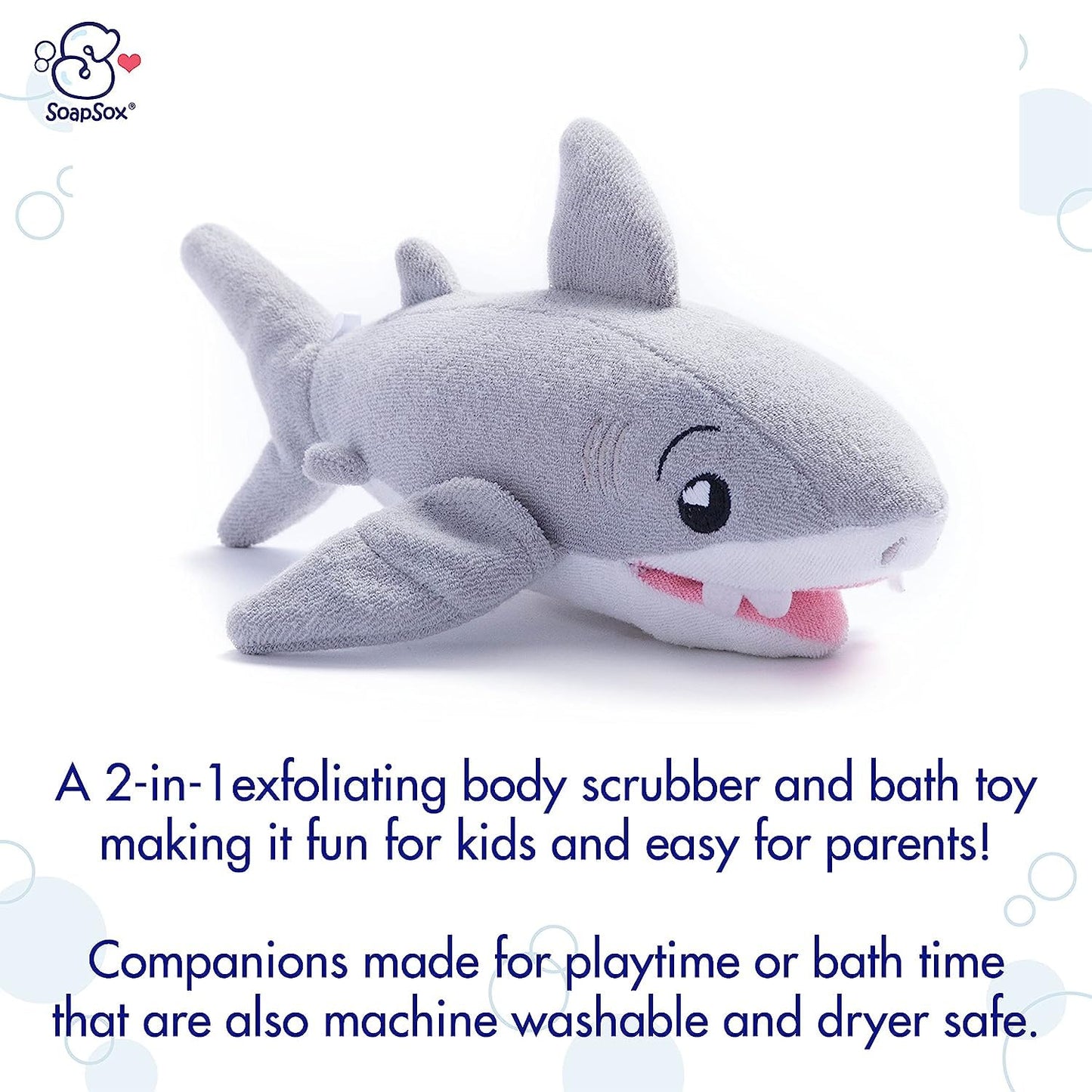 SoapSox Kids Exfoliating Bath Scrub (Tank the Shark) - Soft Animal Toy Wash Cloth Sponge with Soap Pocket Insert - Fun Loofah Characters for Babies, Kids and Children