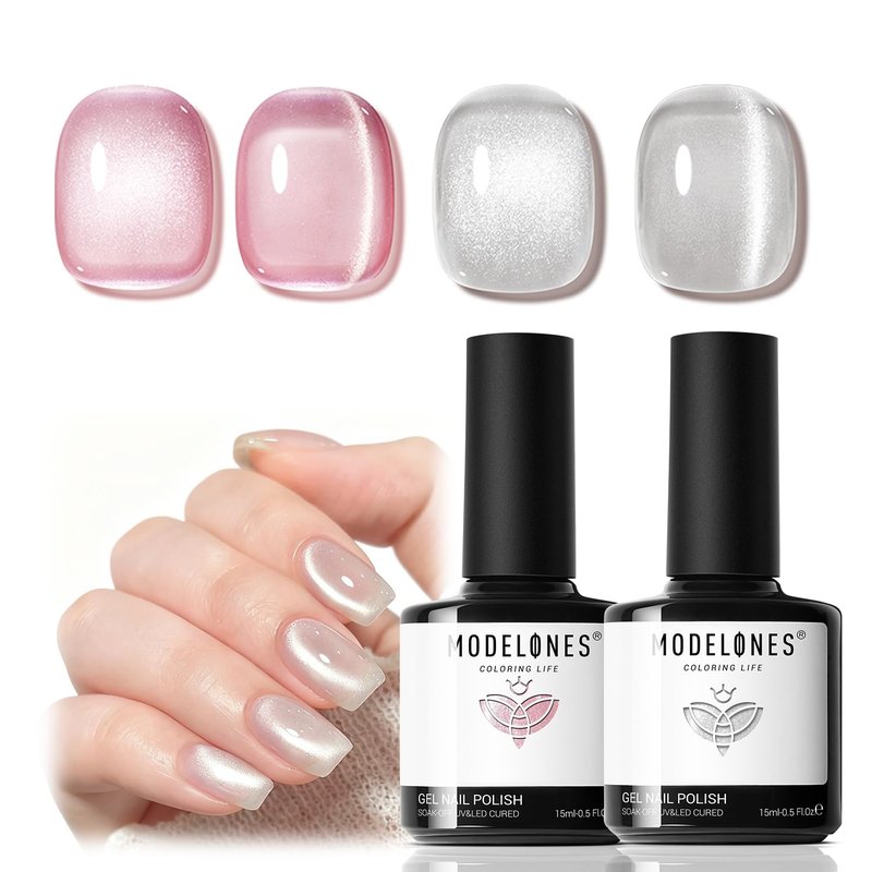 modelones Heart Cat Eye Gel Nail Polish, 2 PCS 15ML Pink Sliver Holographic 9D Cat Eye Glitter Multichrome Silver Pink Shades Polish with Magnet Soak Off Led Nail Art Gel DIY Salon Gift