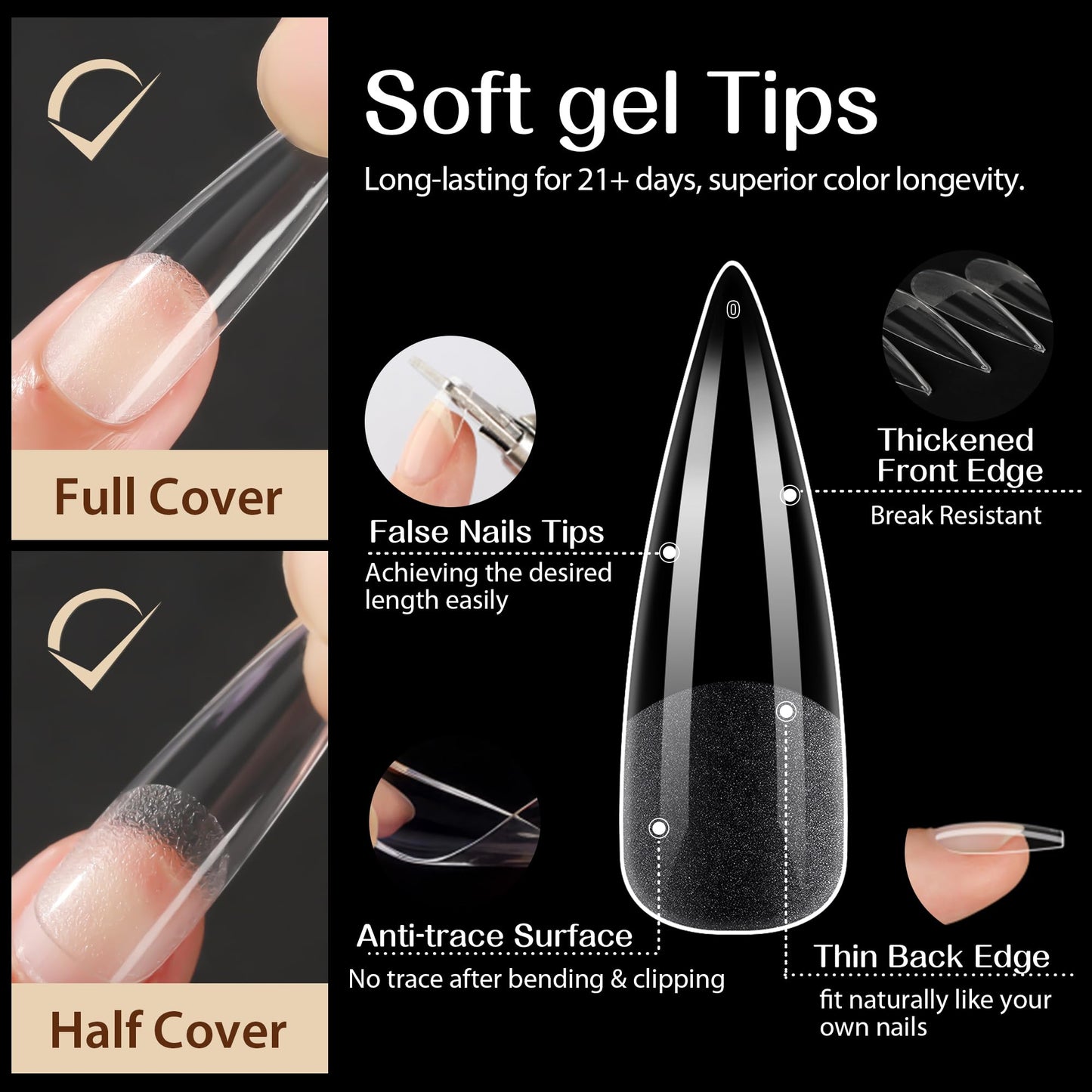 UNA GELLA Stiletto XXL Nail Tips No Need File Extra Long Stiletto Nails Full Cover 120PCS Long Almond Gel Nail Tips Pre-buff Press on Fake Nails for Gel Nail Extension Home DIY Salon 12 Size