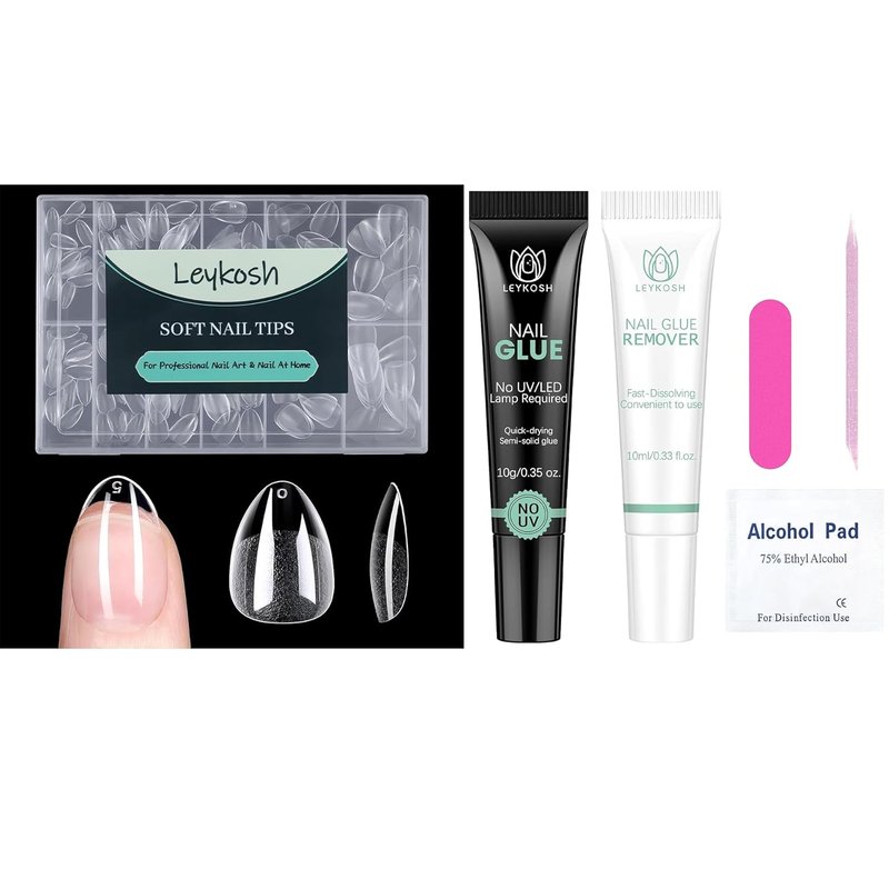 Skiennix Extra Short Almond Nail Tips - 216pcs Acrylic Set with Nail Glue & Remover | No Curing Needed