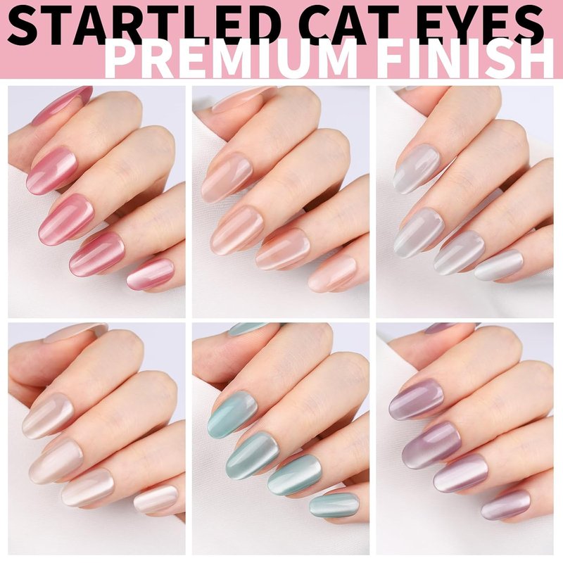 FANDAMEI Press On Nails - Short Almond & Oval Cat Eye Design | Glossy Nude Fake Nails Kit with Adhesive Tabs