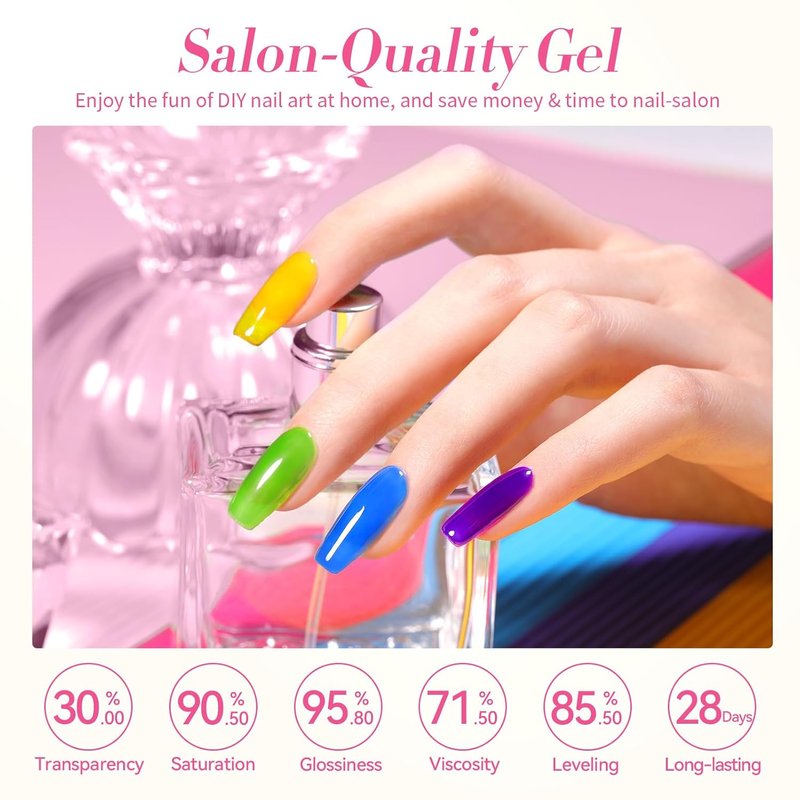 Neon Gel Nail Polish Set - Translucent Soak Off Colors for DIY Nail Art | 6 Vibrant Shades