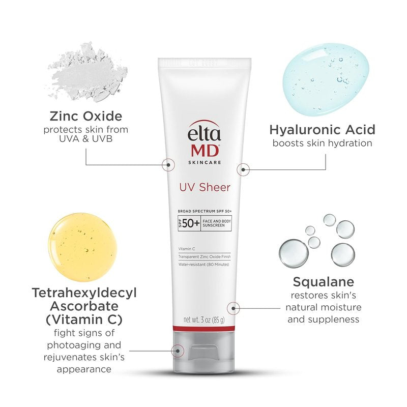 EltaMD UV Sheer Sunscreen SPF 50+ - No White Cast, Transparent Zinc Oxide & Hyaluronic Acid, Moisturizing Protection