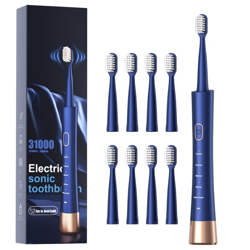 AJELU IPX7 Waterproof Sonicare Electric Toothbrush, 2-Hour Fast Charge with Intelligent Time Reminder, 5 Modes, 8 Brush Heads, Travel, Indoor, Outdoor, Blue