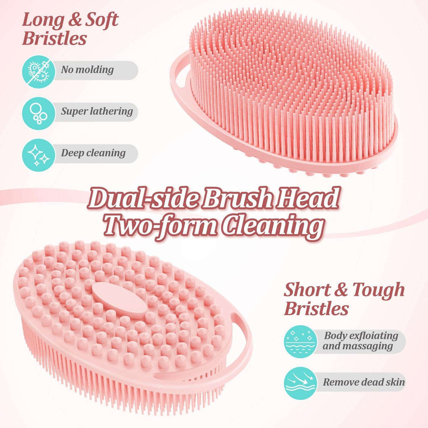 GEENOA Silicone Back Body Face Scrubbers Set 4PCS, 15.35’’ Back Scrubber Soft Body Scrubber for Dual-Side Usage, Easy-to-Hold Soft Bath Glove & Face Scrubber for Good Foaming Deep Cleaning(Pink)