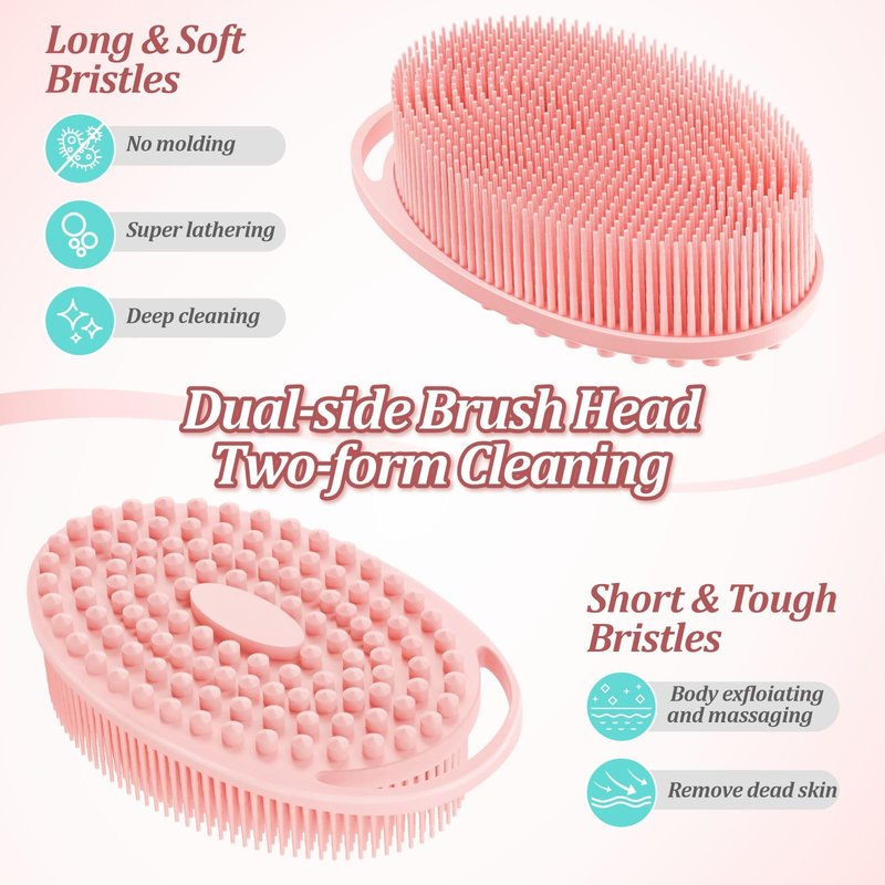 GEENOA Upgrade Silicone Shower Foot Scrubber Mat & Silicone Bath Brush Set, Large Wall-Mounted Back Scrubber Back Washer to Clean, Exfoliate and Massage Without Bending(Pink+Soft Brush)