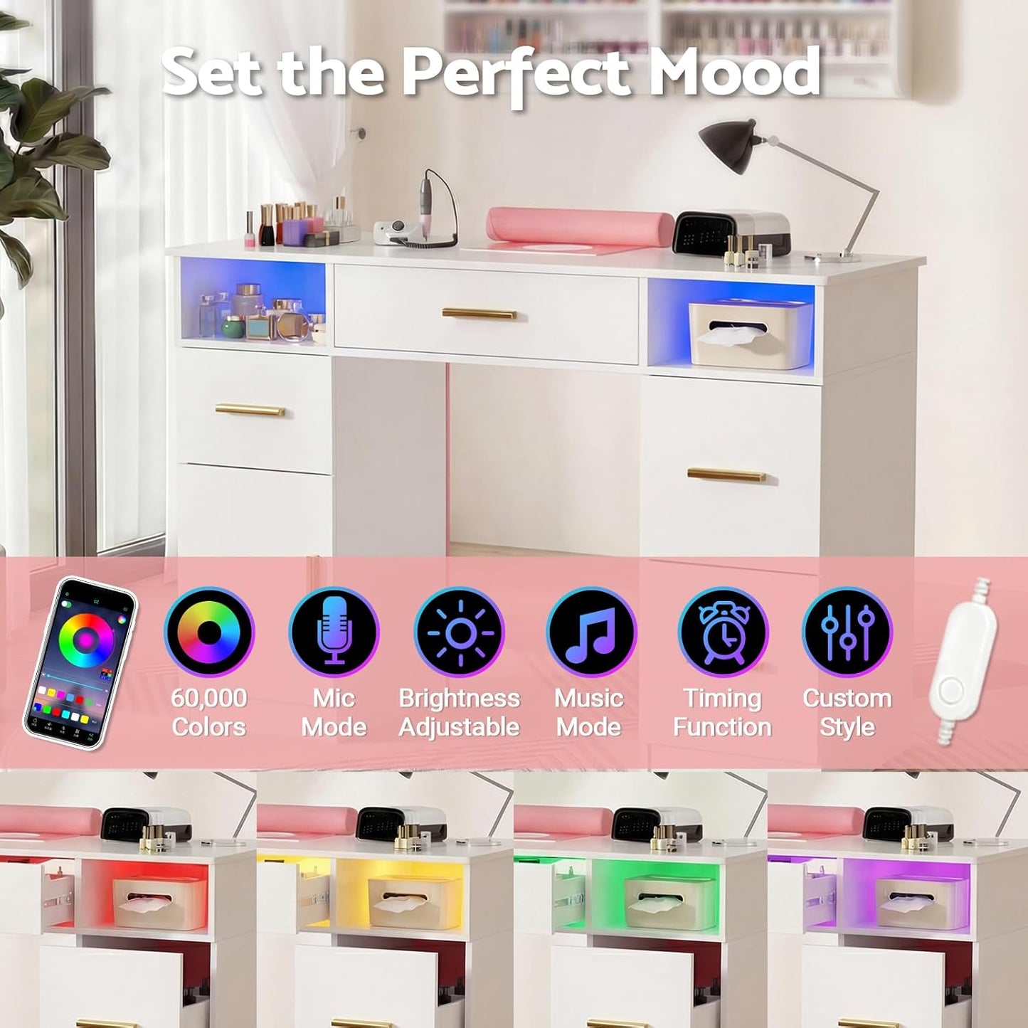 Skiennix Nail Desk - Professional Manicure Table with Dust Collector & LED Lights | White & Pink Accent