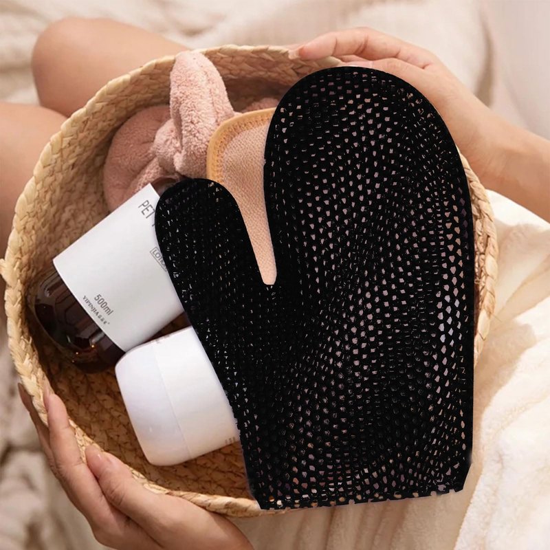 Honeycomb Exfoliating Bath Gloves - Microfiber for Enhanced Blood Circulation & Soft, Smooth Skin for All Skin Types (Black - Glove)
