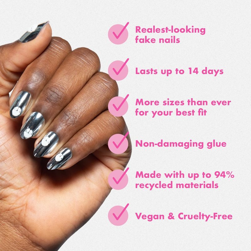Olive & June Instant Mani Press-On Nails (Glue) | Star Wars: The Mandalorian & Grogu | 42 Fake Nails, 21 Sizes | Non-Toxic, Long-Lasting Up to 14 Days | Medium, Almond | Dark Saber Holographic Chrome
