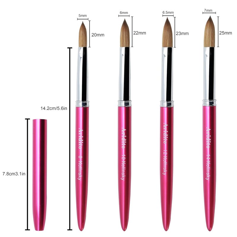 Kolinsky Hair Acrylic Nail Brush - Professional Flat Brush with Rose Red Handle & Cap | Size #8