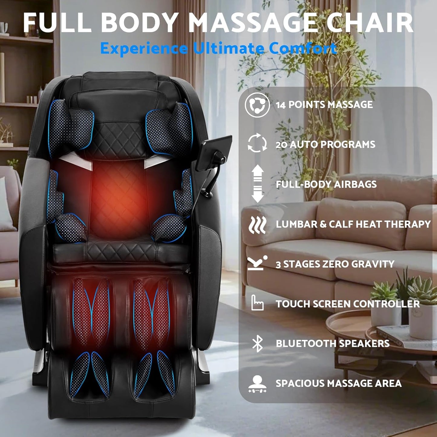 Zero Gravity Massage Chair - Full Body Shiatsu Recliner with 14 Massage Points & Heating | Bluetooth Speaker, Touch Screen Controller