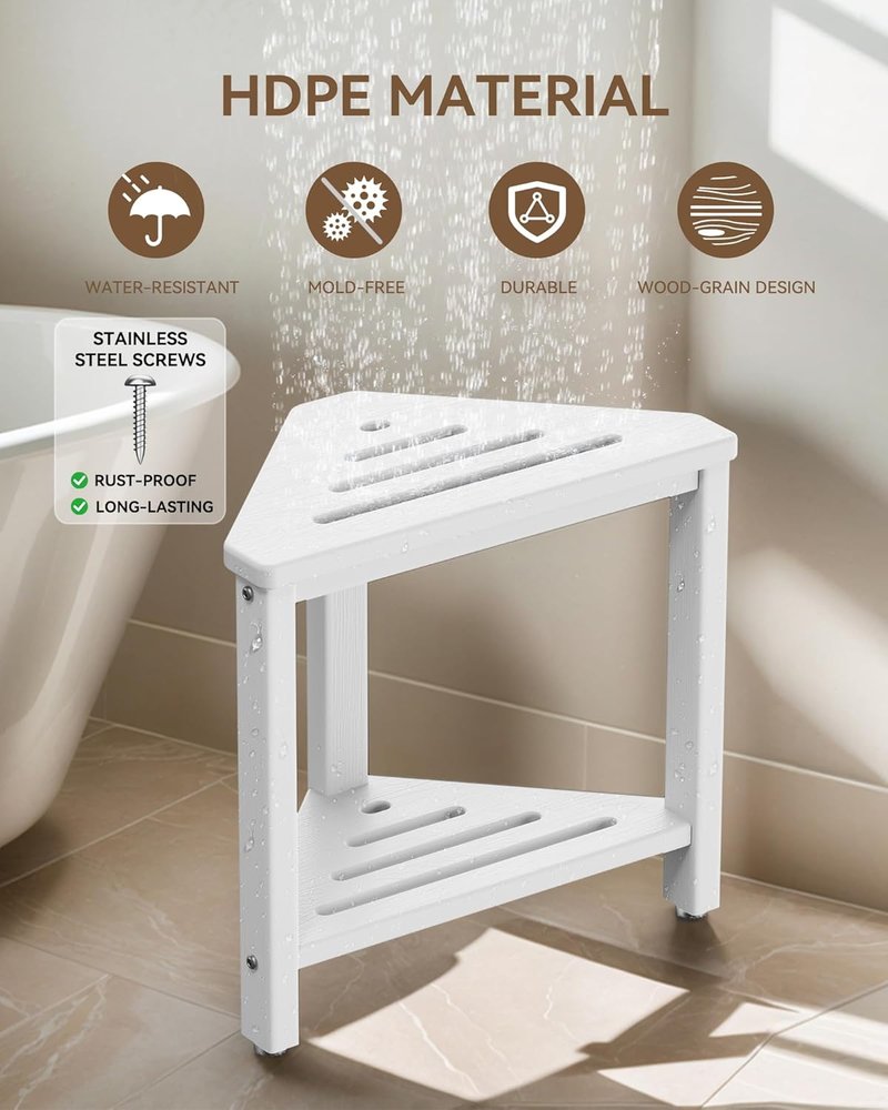 Shower Foot Rest - 15-Inch Waterproof Shower Stool for Shaving Legs | Compact White Corner Bench with Storage Shelf