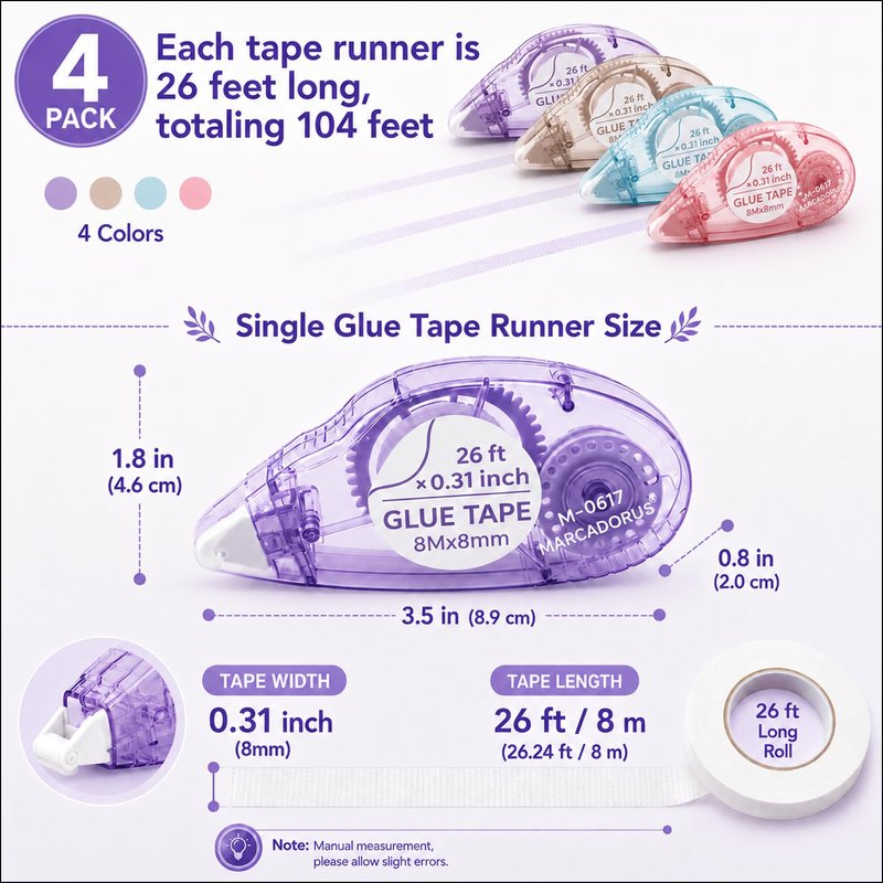 Glue Tape for Scrapbooking, Scrapbook Tape 4 Pcs, Double Sided Tape Roller for Crafts, 26 Ft x 0.31 In Tape Runner, Junk Journal Supplies, Scrapbook Supplies & Craft, Photo, Card Making Supplies.