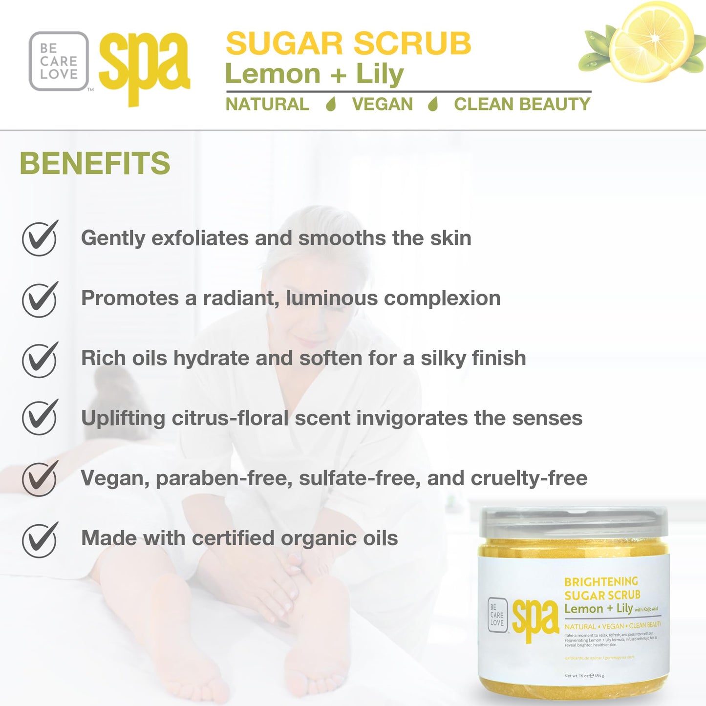 BCL Spa Lemon Lily Sugar Scrub - Professional Radiance-Boosting Body Scrub for Dull Skin, Self Care Body Exfoliator, Made in USA, 16 oz