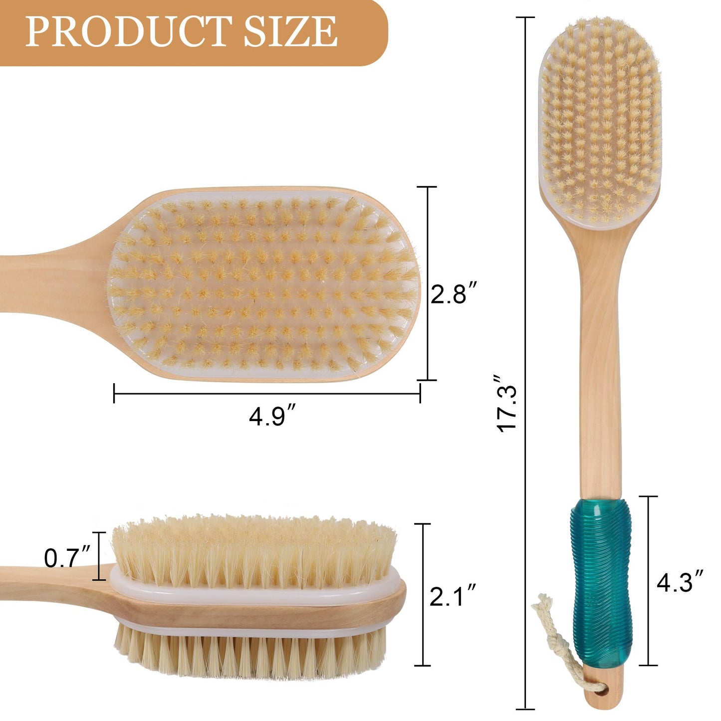 OWIIZI Back Scrubber for Shower with Soft and Stiff Boar Bristles Dual-Sided Wooden Long Handle Antiskid Body Bath Brush for Back Use Wet or Dry,Deep Cleanse Large Surface Back Scrub Brush