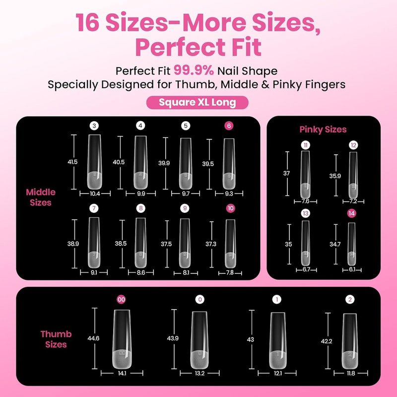 Beetles Tipex Instant Apex Nail Tips - XL Long Square, 160PCS | 16 Sizes 00–14, Easy DIY Nail Extensions