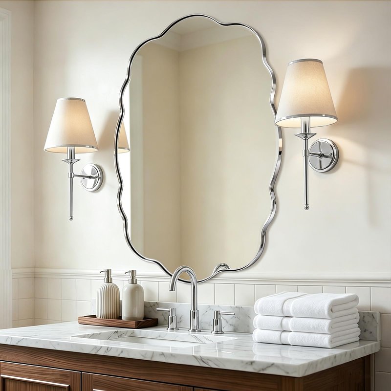 ANDY STAR Chrome Wavy Oval Bathroom Mirror - 26x38 Inch Polished Scalloped Bathroom Mirror, Unique Irregular Design with Heavy Duty SUS Metal Frame