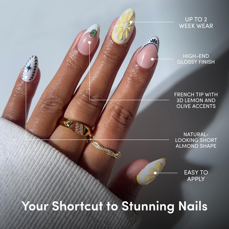 Glamnetic Press On Nails - Short Almond Fake Nails with Tropical 3D Nail Art | Salon Quality Vacation Nails | Sunset Tide |15 Sizes - 30 Nail Kit with Glue