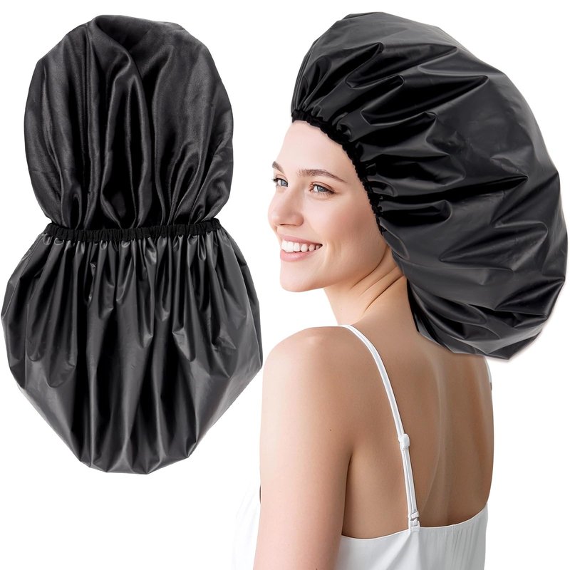 Extra Large Shower Cap XL Satin Lining Shower Bonnet Black Shower Cap for Men Women Thick Long Hair Braids Curly Hair