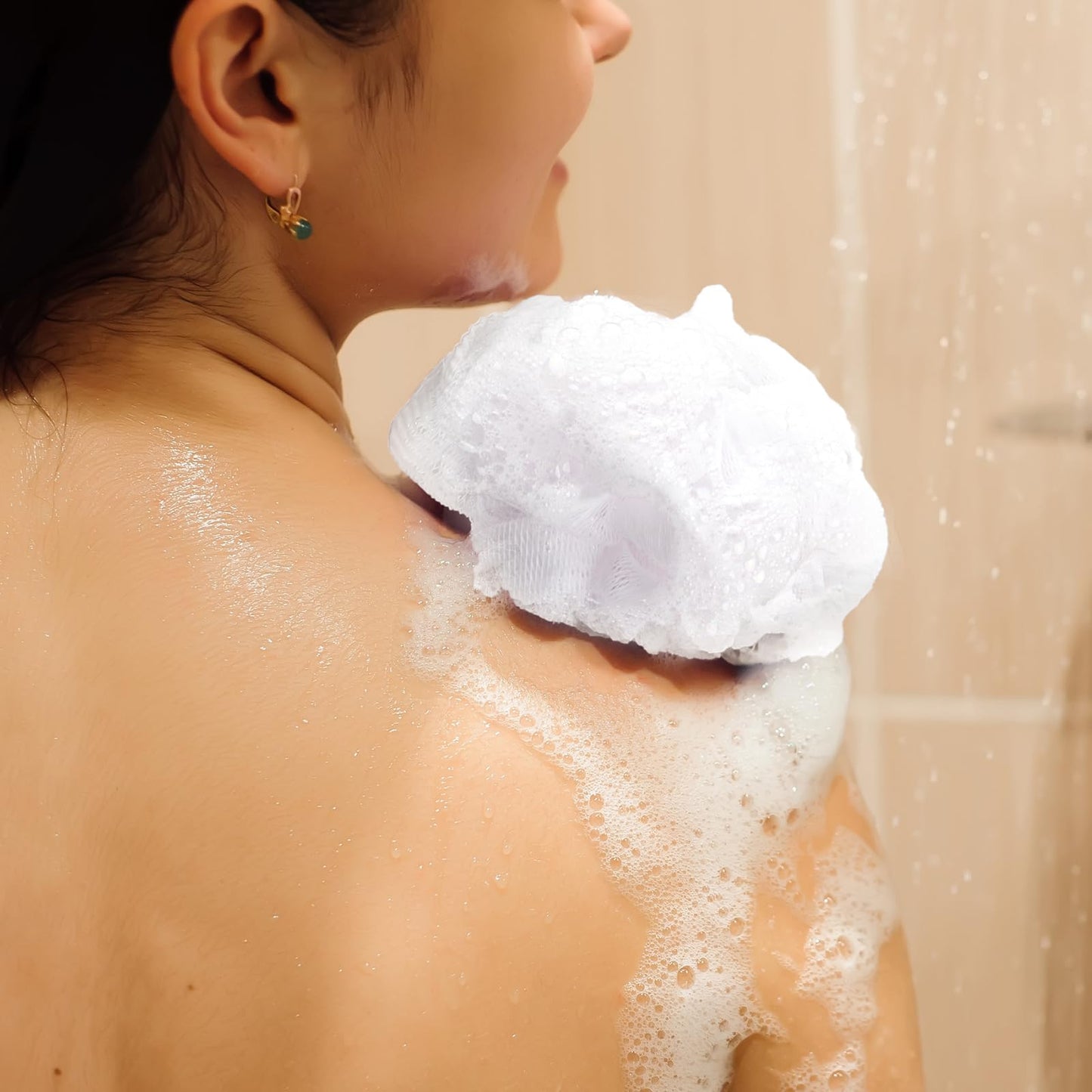 Funnymoom 12 Pcs Travel Size Loofah Individually Wrapped, Small Shower Puff Bath Sponge Pouf Ball Bulk Mesh Bath Puff Mini Loofah Sponge with Case Bulk for Shower Care (50g,White)