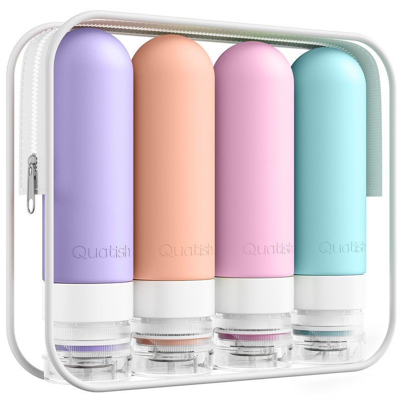 Quatish Travel Bottles for Toiletries, Original Patented Leak Proof Travel Size Toiletries, 3 oz Tsa Approved Silicone Shampoo and Conditioner Bottles, Travel Essentials, 4 Pack, Pink