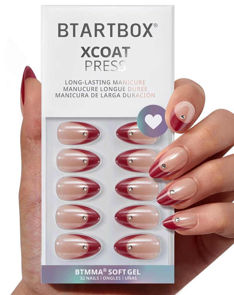 BTArtbox Press On Nails - Audrey's Ruby Red Chrome Almond French Tips | 32 Soft Gel Nails in 16 Sizes