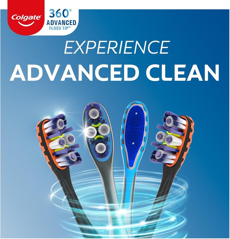 Colgate 360 Advanced Clean Soft Toothbrush Pack - 6 Soft Bristles with Cheek & Tongue Cleaner
