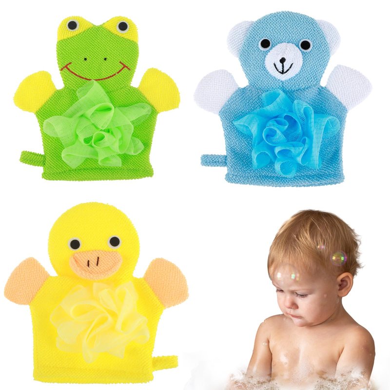 Qianyu 3pcs Bath Mitt Washcloth Glove Body Scrubber Cute Cartoon Design Exfoliating Glove Gentle Soft Scrub Loofah Bath Sponge for Kid Shower Washing Easy Lather (Blue/Green/Pink)