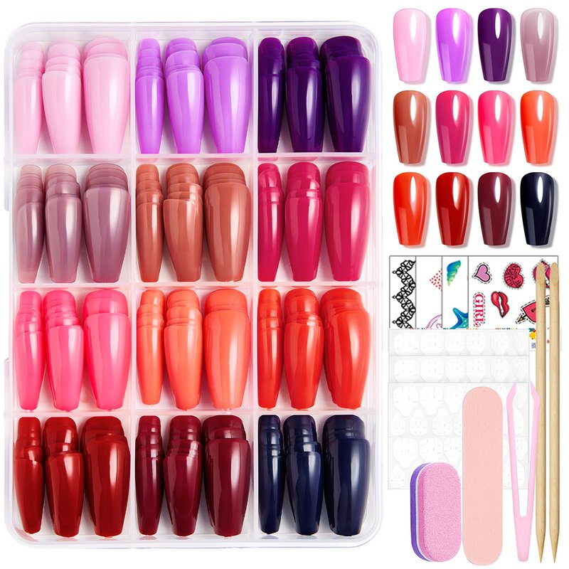 12 Colors Coffin Press on Nails Set Glossy Fake Nails Medium False Nail Pure Color Glue on Nails Reusable Artificial Acrylic Nail Solid Color Full Cover Stick on Nail for Women Girls Manicure 288Pcs