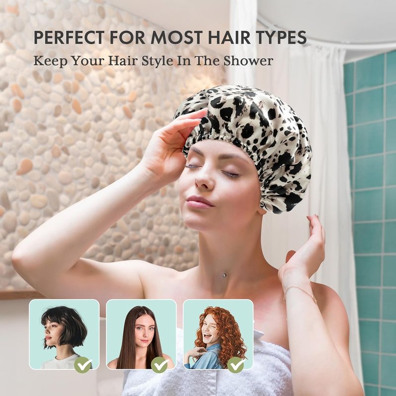 AmazerBath Shower Cap - 4 Reusable Waterproof Shower Caps for Women | Double Layered, Elastic Design