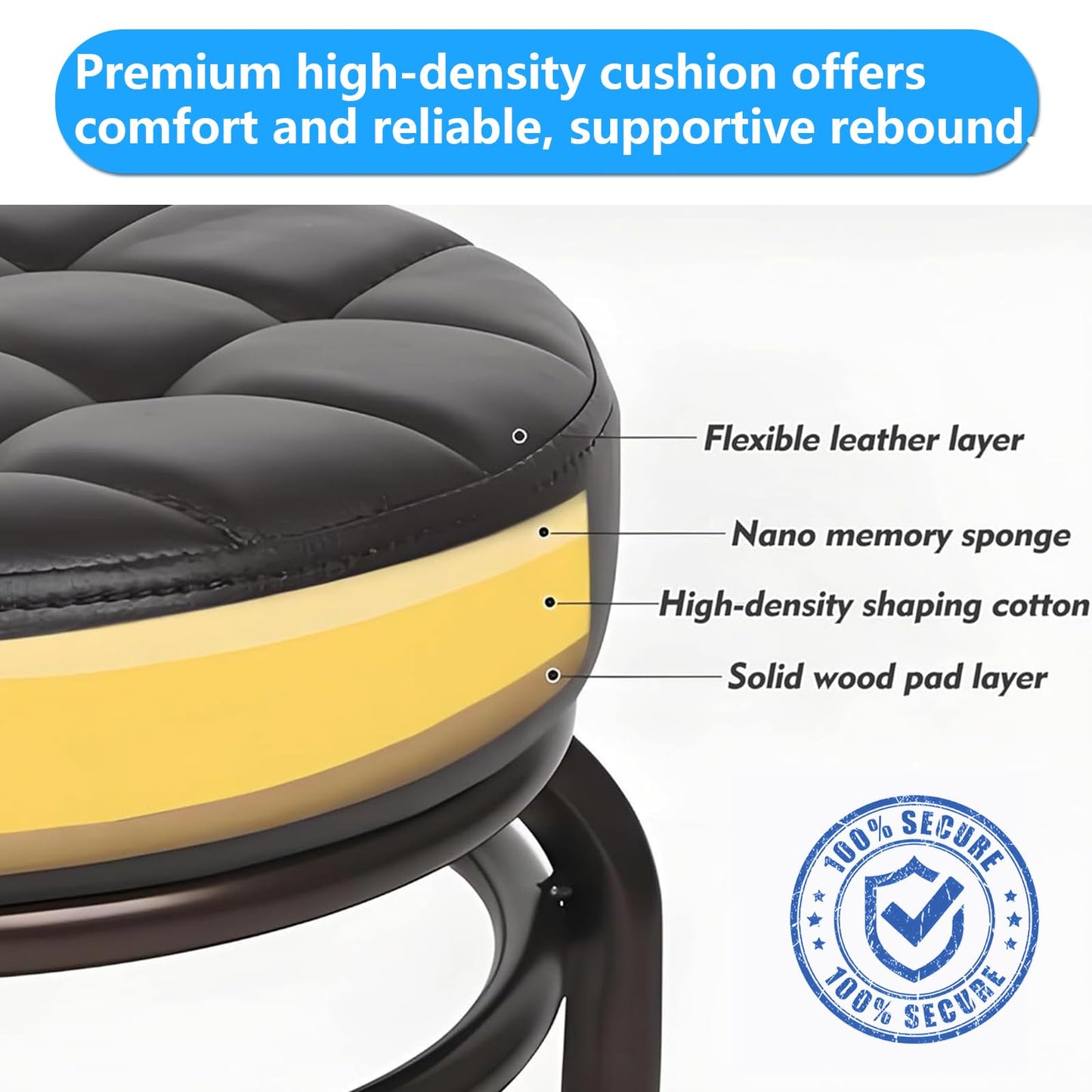 Miuxia Rolling Chair Stool with Wheels 400lb Capacity Adjustable Height Vanity Stool 3" Memory Foam Seat Quiet Wheels Chair for Salon Tattoo Spa Pedicure Makeup Studio (Black)