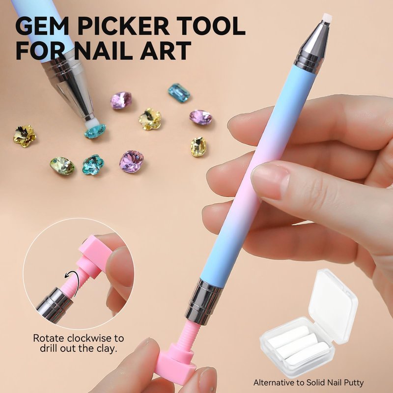 ESUOHYM 9 PCS Rhinestone Picker Tool Set, Reusable Rhinestone Wax Pencil for Bedazzling Gem Picker Up Tools Rhinestone Tray Adjustable Tweezers With Silicone Press Heads, Nail Art Tools for Diy Design