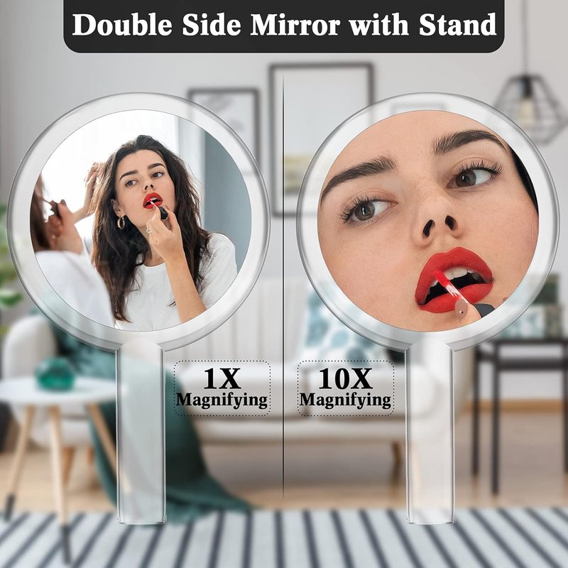 Queekay Double-Sided Handheld Mirror - 1X/10X Magnification, Adjustable Stand, Round Shape, 25.8 x 15 cm