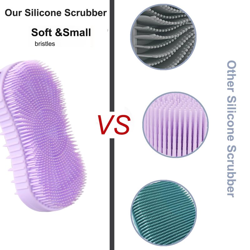 Silicone Body Scrubber, Double Sided Exfoliating Brush with Soft Flexible Bristles, Scalp Massage and Shampoo Tool with Hanger Loop (Lavender)