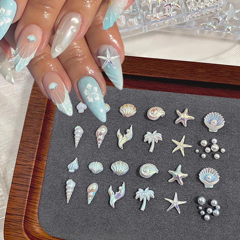 2 Boxs Summer Beach Nail Charms 3D Ocean Nail Gems Aurora Blue White Mermaid Starfish Conch Fishtail Tree Shell Charms for Acrylic Nail Art Resin Nail Rhinestones for Women DIY Manicure Accessories