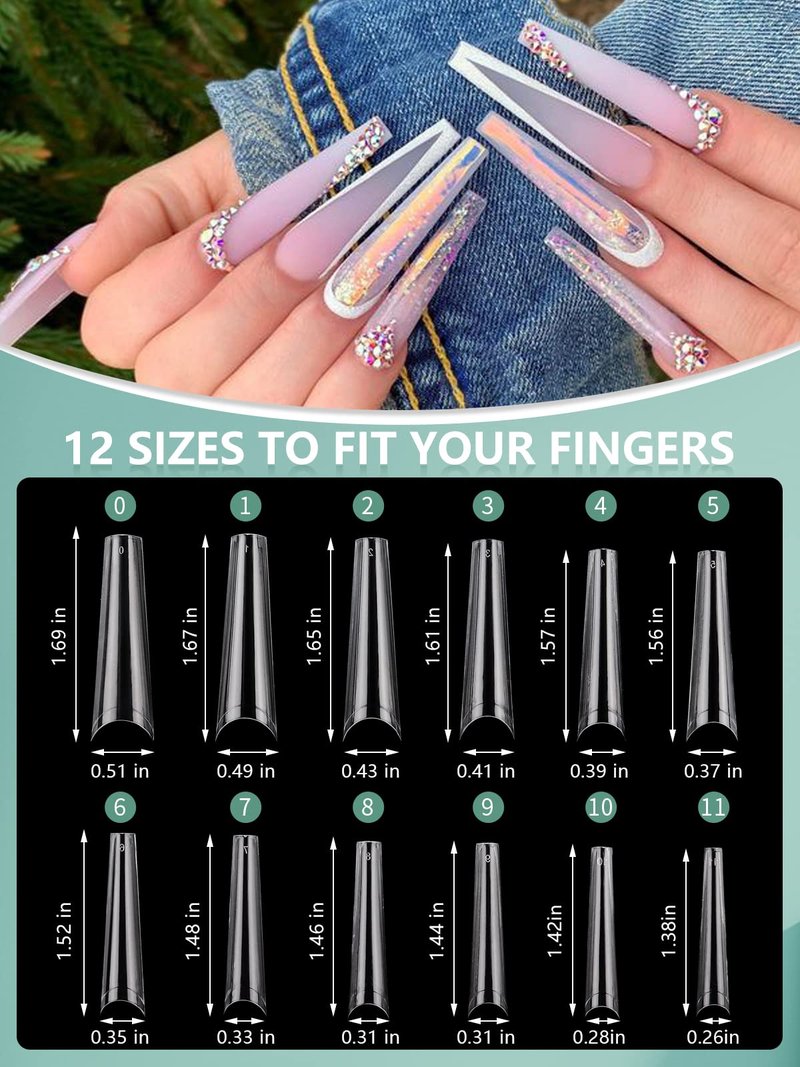 480PCS XL Long Clear Nail Tips, 240PCS Coffin Nails Tips with 240PCS NO C Curve Square Nail Tips for Acrylic Nails Professional, Half Cover Straight Ballerina Nail Extension Tips for Nail Salons Home