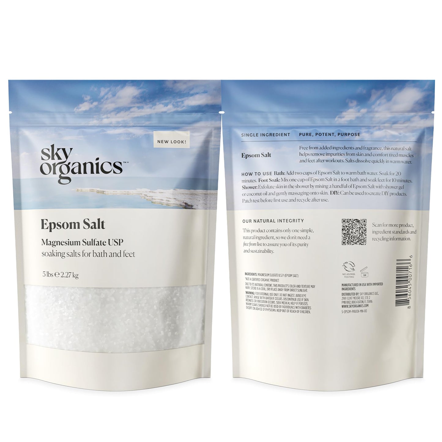 Sky Organics - Epsom Salt Bath Soak, 5 lbs - Magnesium Sulfate USP - 100% Pure, Medium Grain - Unscented - Soaking Bath Salts - Resealable Bag - Natural, Vegan & Cruelty Free - Self Care - Bath & Feet